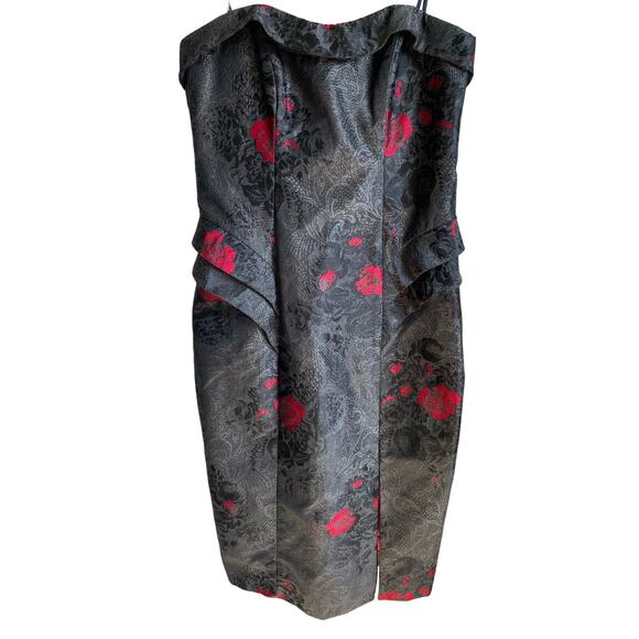 ABS by Allen Schwartz Gray Black Red Dress Jacquard Lined SZ 6 Strapless Party - Picture 1 of 11